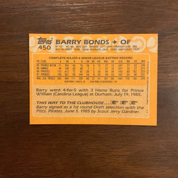 Barry Bonds 1988 Topps Baseball Base Card #450 - Picture 2 of 2